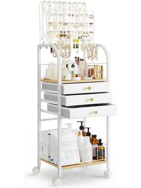 Elegant Large Jewelry Organizer Stand with 3 Drawers - White Floor Storage